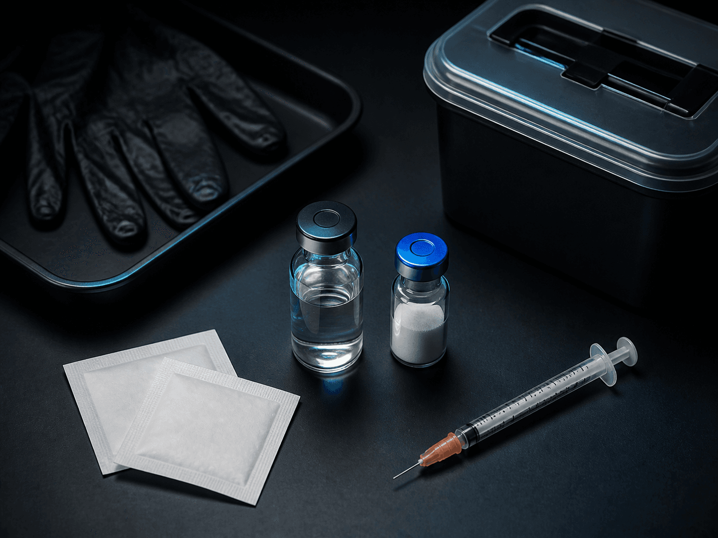 Peptide vials, syringe, alcohol pads and sterile case laid out on a clean dark surface