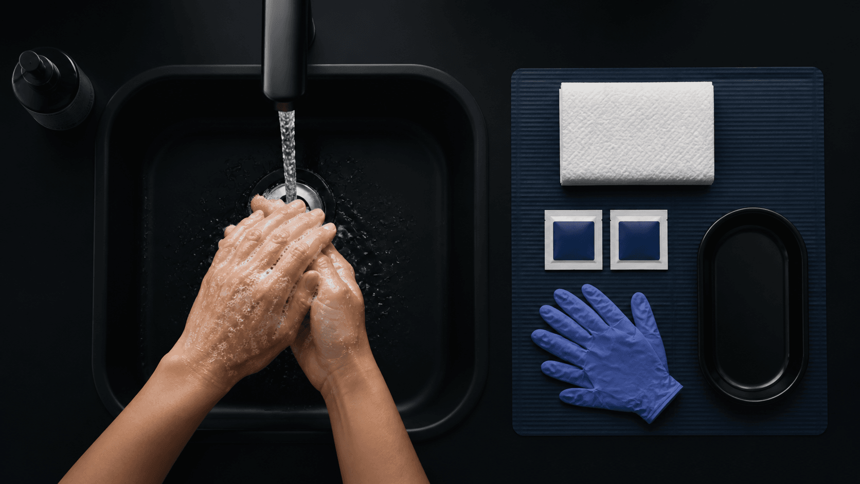 Clean, organized workspace with gloves, alcohol pads and a tray arranged neatly