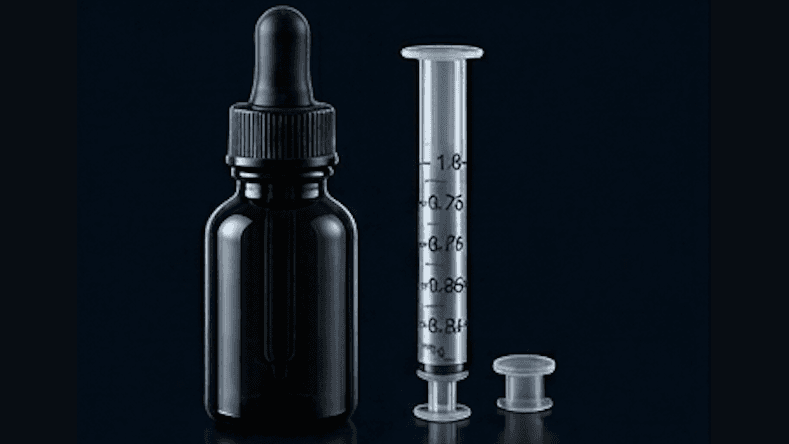 MK-677 liquid kit, an amber dropper bottle, an oral dosing syringe with mL markings, and a cap on a dark surface