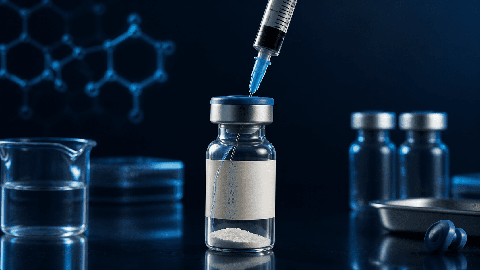 A syringe adding bacteriostatic water down the inside wall of a peptide vial to reconstitute the lyophilized powder